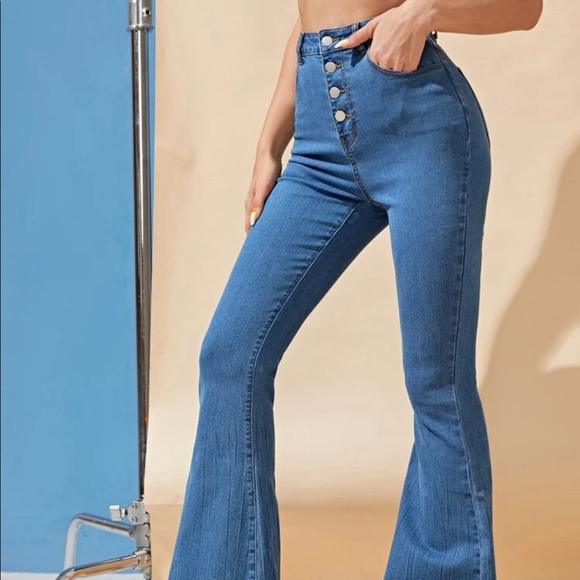 SHEIN Denim - High waisted Button fly raw hem flare leg jeans 8/10